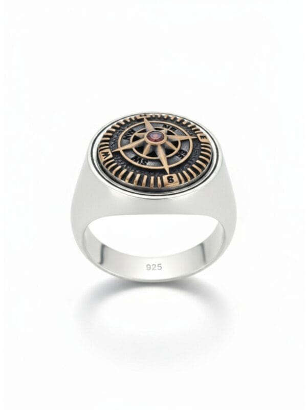 Pusula işlemeli 925 ayar gümüş erkek yüzük