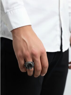 siyah oksitli ayyıldız işlemeli erkek gümüş yüzük