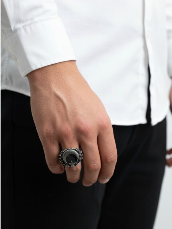 siyah oksitli ayyıldız işlemeli erkek gümüş yüzük