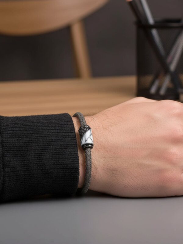 Alternative view of Örme El İşçiliği Zirkon Taşlı Erkek Gümüş Bileklik