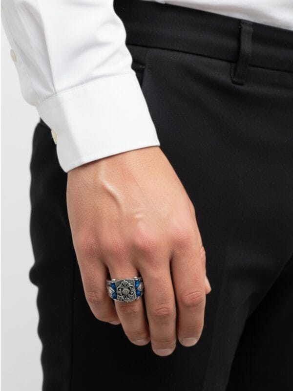 Alternative view of Mavi Taşlı Erkek Gümüş Yüzük | Modern Tasarım