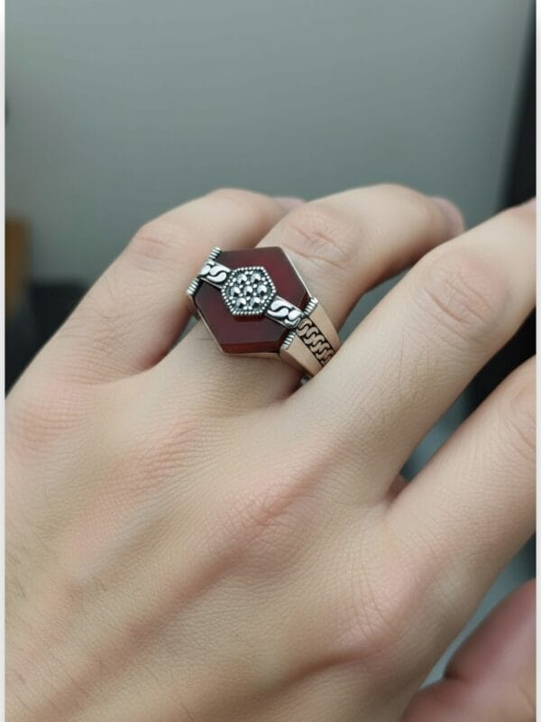 hakiki kırmızı yemen akiği erkek gümüş yüzük