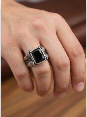 siyah zirkon taşlı erkek yüzük
