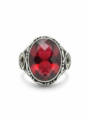 ayyıldız işlemeli kırmızı taşlı erkek gümüş yüzük