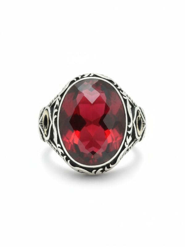 ayyıldız işlemeli kırmızı taşlı erkek gümüş yüzük