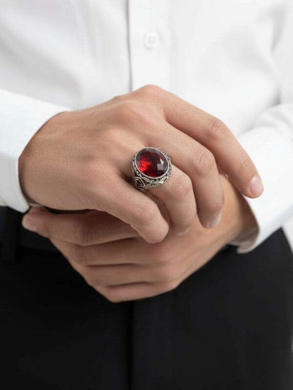 kırmızı taşlı 925 ayar gümüş erkek yüzük