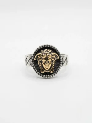 Altın renk medusa işlemeli 925 ayar gümüş erkek yüzük