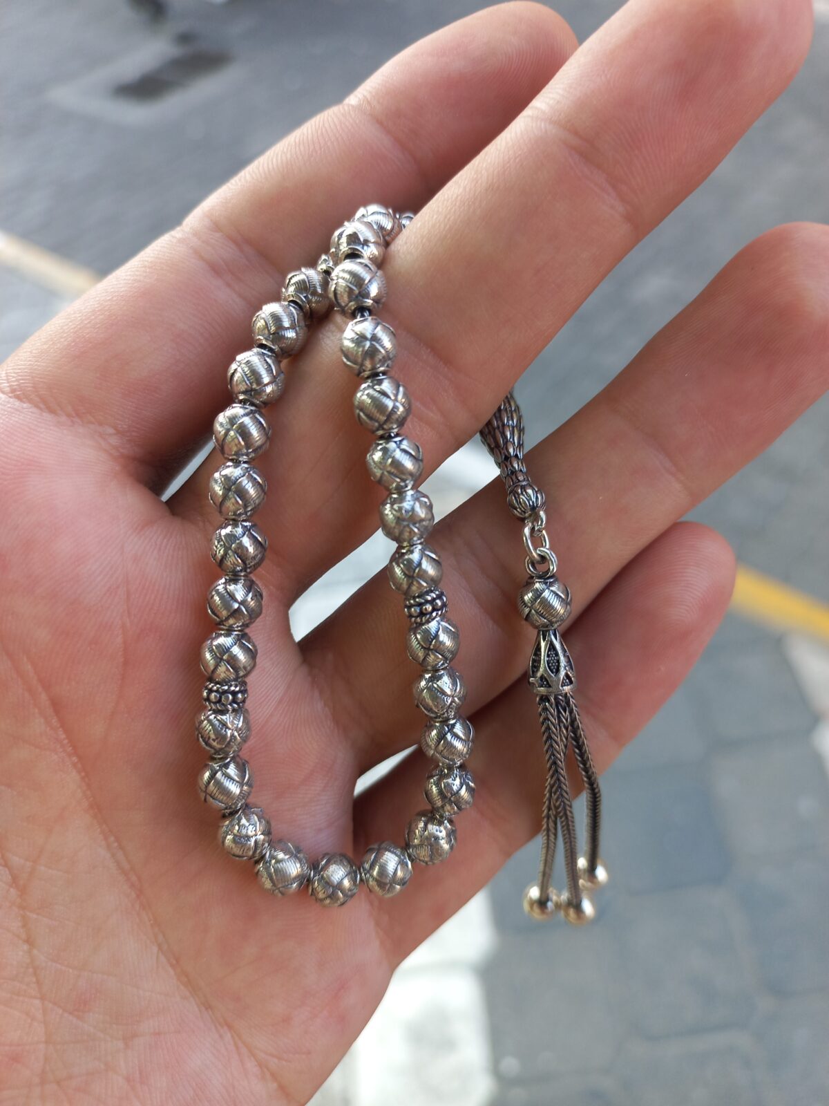 6 mm Gülle Kesim El İşçiliği 925 Ayar Gümüş Tesbih - Görsel 2