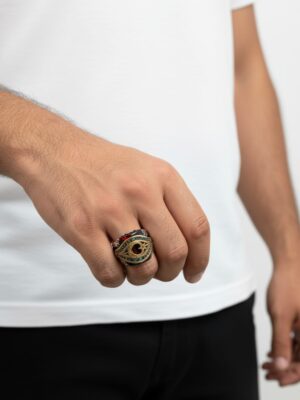 ayyılıdız kemerli 925 ayar gümüş kırmızı taşlı erkek yüzük