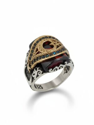 kemerli ayyıldız kırmızı taşlı erkek gümüş yüzük