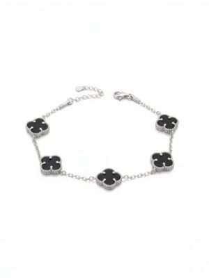 925 ayar gümüş erkek siyah yonca bileklik beş motifli