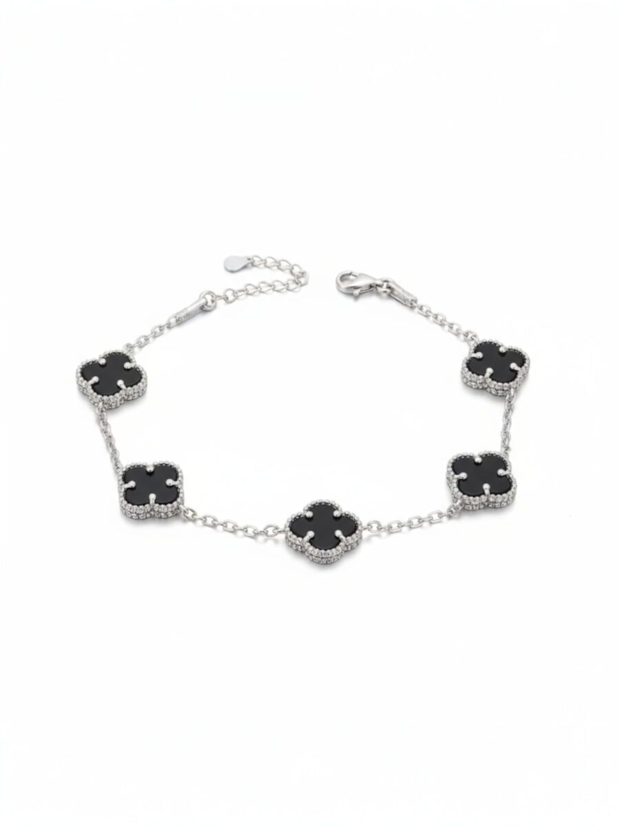 925 ayar gümüş erkek siyah yonca bileklik beş motifli