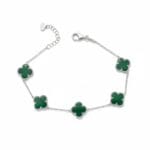 Yeşil Malahit Taşlı Yonca Gümüş Bileklik Beş Motif