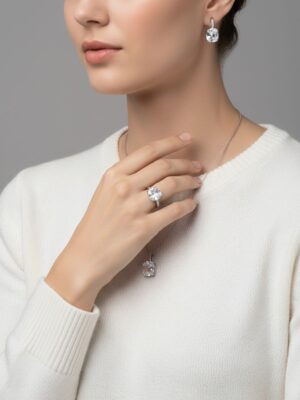 İce cut baget taşlara sahip 925 ayar gümüş üçlü takım modelimizin kadın mankende duruşu bu şekildedir.