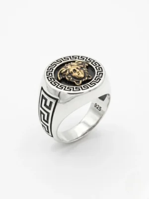 Altın Renk Medusa ve Grek Motifli Erkek Yüzük