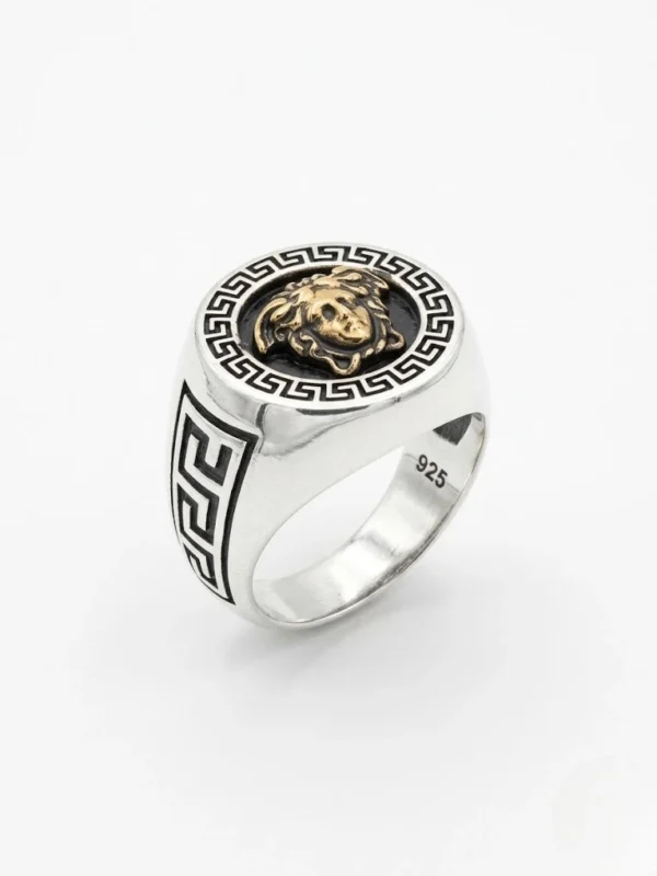 Altın Renk Medusa ve Grek Motifli Erkek Yüzük