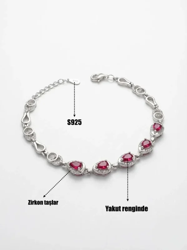 Kırmızı Damla Taşlı 925 Ayar Gümüş Kadın Bileklik