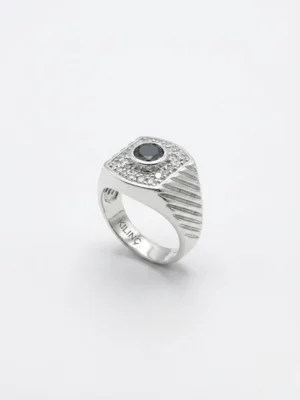 Tamamen 925 ayar gümüş beyaz ve siyah zirkon taşlı erkek gümüş yüzük