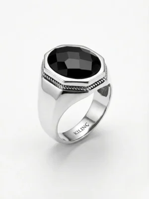 925 ayar gümüş faset kesim siyah zirkon taşlı sade klasik erkek yüzük