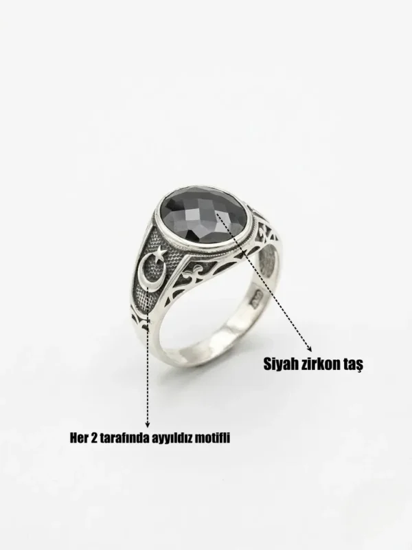 Oval Siyah Zirkon Taşlı Ayyıldız Motifli Gümüş Yüzük