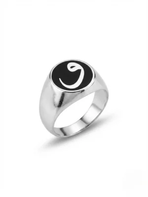 Siyah zemin üzerine Vav harfi işlenmiş erkek yüzük 925 gümüş