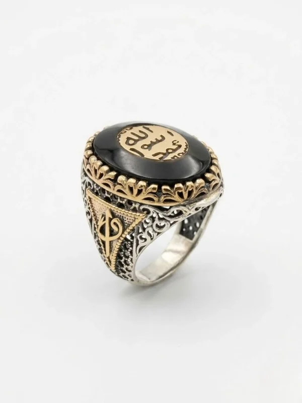 Elif-vav ve tuğra detaylı mührü şerif gümüş erkek yüzük