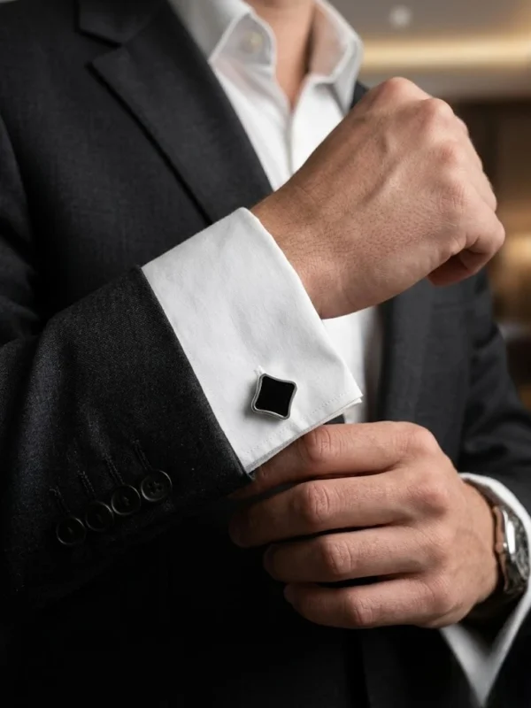 siyah taşlı gümüş kare kol düğmesinin beyaz gömlekte duruşu