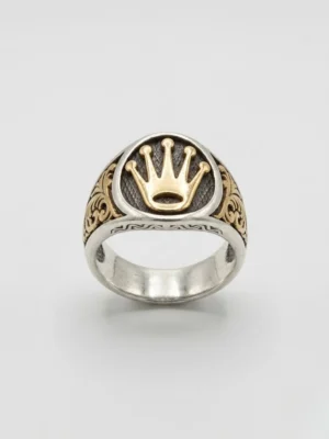 Sarı renk kral tacı motifli erkek gümüş yüzük modeli