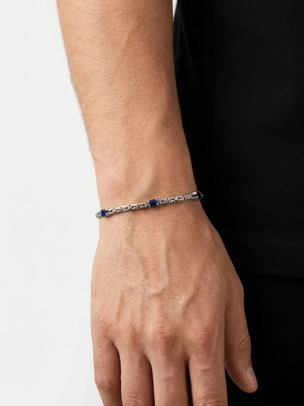 3mm kalınlıkta mavi zirkon taşlı 925 ayar gümüş kral erkek bileklik