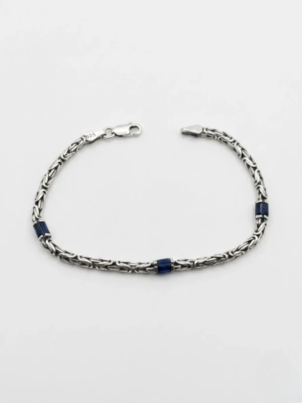 Mavi taşlı 3mm kalınlığında 925 ayar gümüş kral erkek bileklik