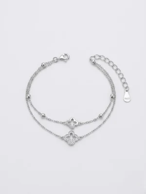 925 ayar gümüş çift zincirli ve CZ taşlı minimal yonca motifli kadın bileklik