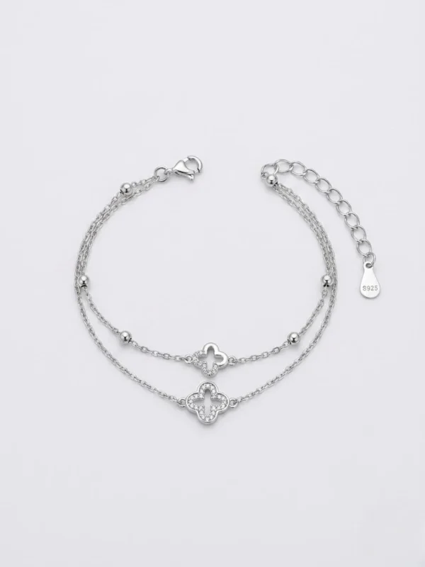 925 ayar gümüş çift zincirli ve CZ taşlı minimal yonca motifli kadın bileklik