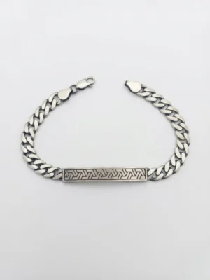 Kalın gurmet zincirli ortası geometrik desenli gümüş erkek bileklik