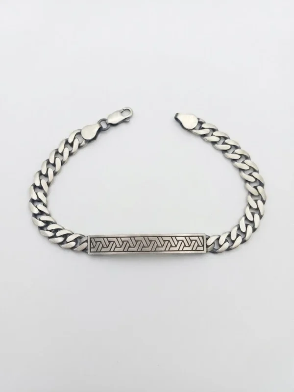 Kalın gurmet zincirli ortası geometrik desenli gümüş erkek bileklik