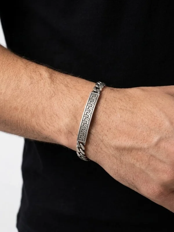 Ortası desenli plakalı kalın gurmet gümüş bileklik