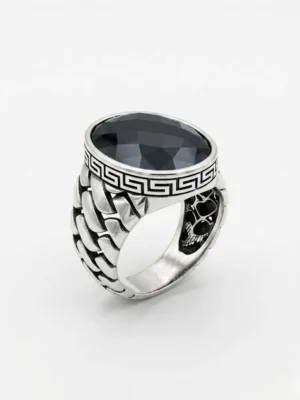 Kol detayları zincir motifli oval siyah taşlı 925 ayar gümüş erkek yüzük