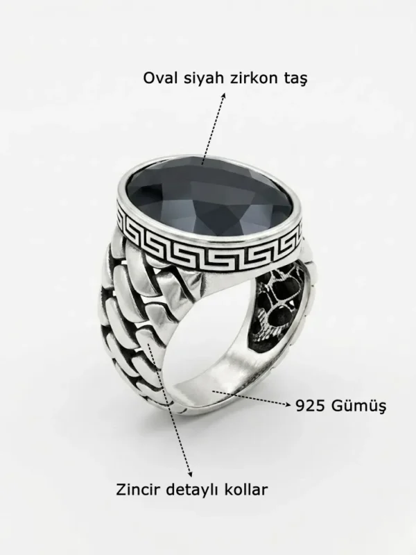 Oval Siyah Zirkon Taşlı Zincir Kol Detaylı Gümüş Yüzük