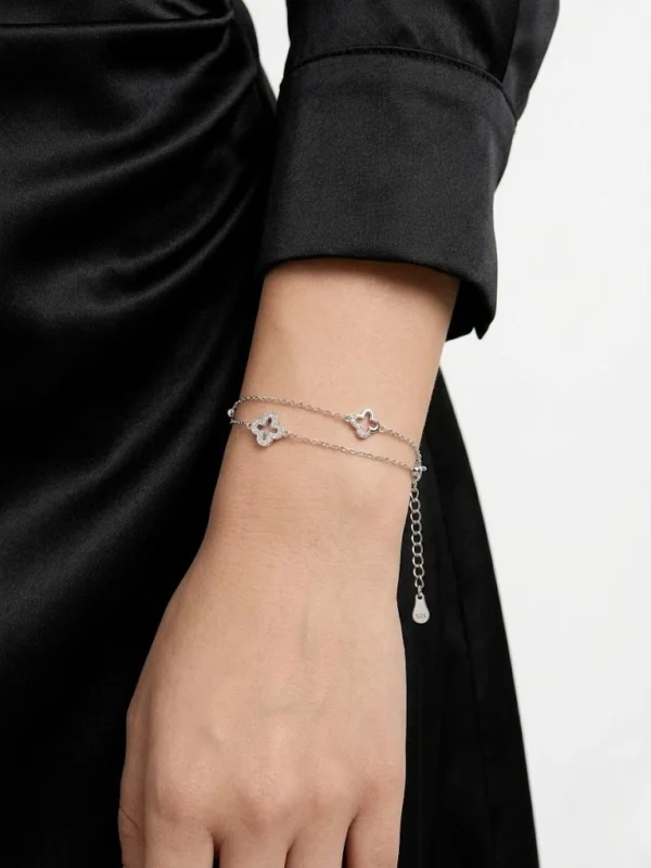 çift zincirli çift yoncalı CZ taşlı gümüş kadın bileklik